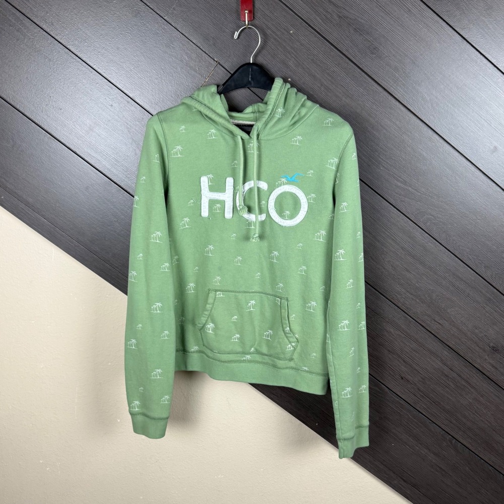 Hollister Women XL Hoodie HCO Logo Palm Tree Print Green Y2K Preppy Streetwear